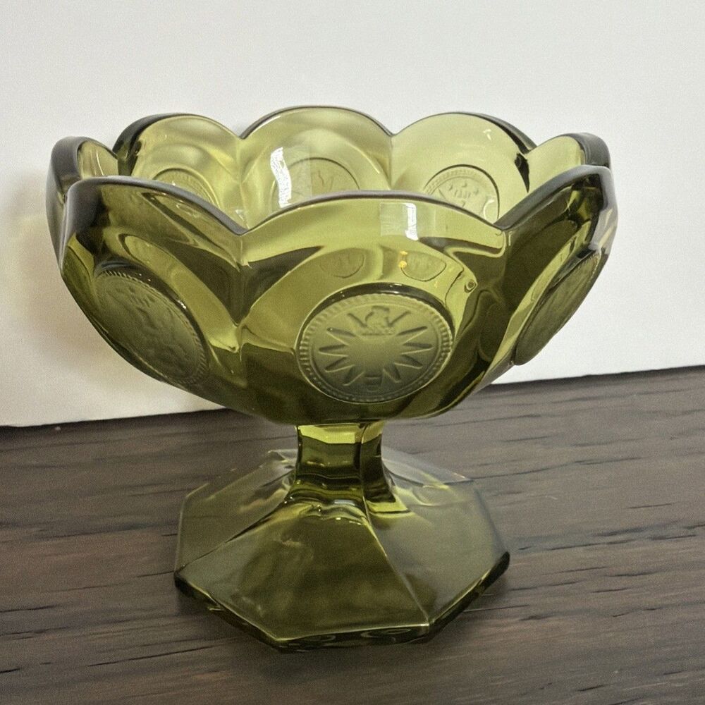 Vintage Fostoria Green Glass Pedestal Candy Dish Bowl Coin Eagle Torch Design